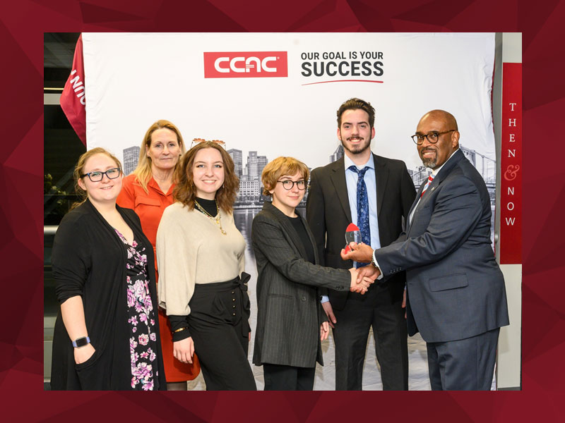 Pictured from left to right: Patricia Donehue (CCAC Faculty mentor); Anne Duffy (CCAC Faculty mentor);Faith Dunn, CCAC Student & SSEP Team member; Maya Burns, CCAC Student & SSEP Team member; Connor McDonagh, CCAC Student & SSEP Team member; and Dr. Quintin Bullock, CCAC President