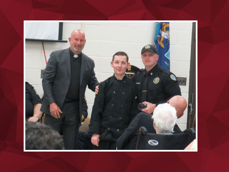 Pictured left to right: Randy Herbe, CCAC Food Service instructor, Vo-Tech Training; Paul Krepps Jr., CCAC Food Service student; Dominic A. Palombo, Pittsburgh Police and Fire Academy graduating cadet.