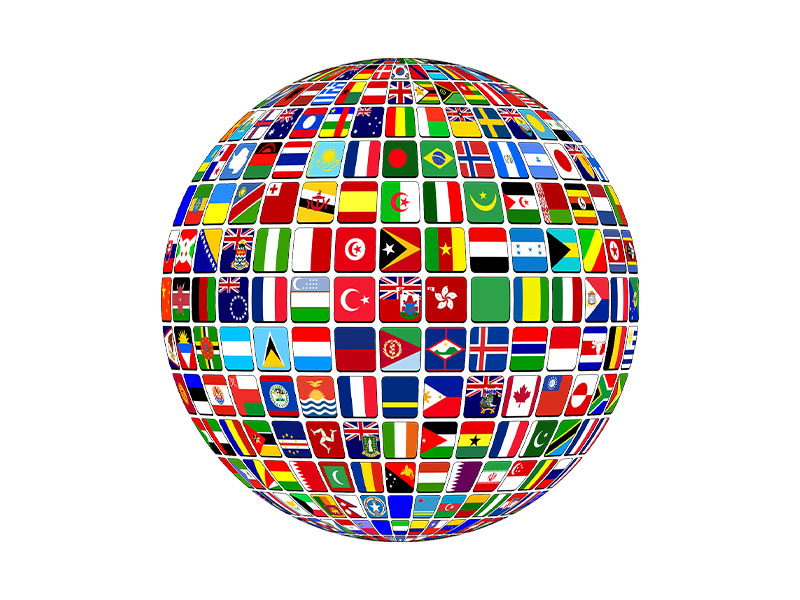 Images of world flag art wrap around a sphere.