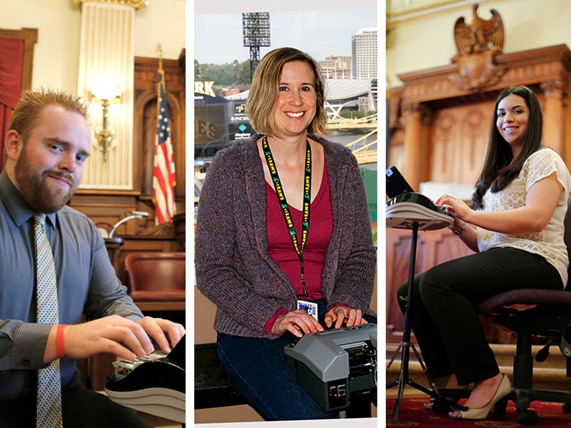 Left to right, a composite photo of three individuals sitting at a stenography machine: a man in a court room, a woman at PNC Park working as a captioner in an office overlooking the playing field, and a woman in a court room.