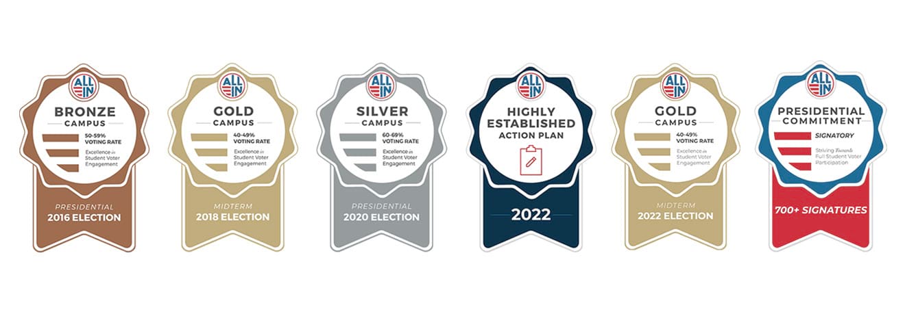 All In Democracy award ribbons:  Bronze Campus 2016, Gold Campus 2018, Silver Campus 2020, Highly Established Action Plan 2022, Gold Campus 2022, Presidential Commitment Signatory