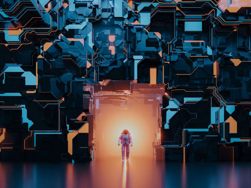 An astronaut emerges from a futuristic building in an otherworldly sci-fi illustration.