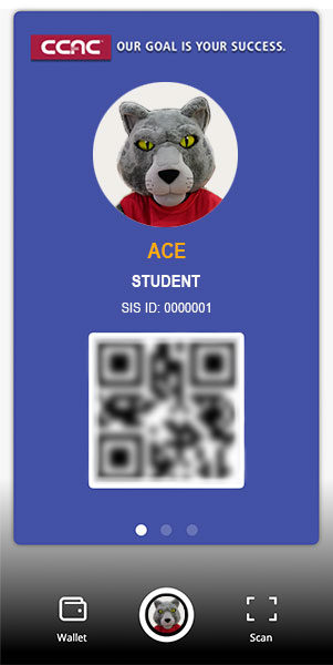 Screengrab of the TouchNcet 360u app showing a CCAC digital ID for the wildcat mascot Ace.