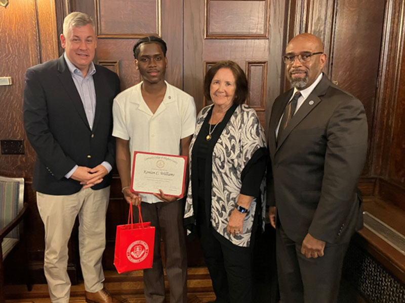 Pictured (L to R): Kevin Kinross, chair, CCAC Board of Trustees; Kenian Williams, student trustee (2024–25 academic year); Mary Ann Eisenreich, vice chair, CCAC Board of Trustees; Dr. Quintin Bullock, CCAC president.