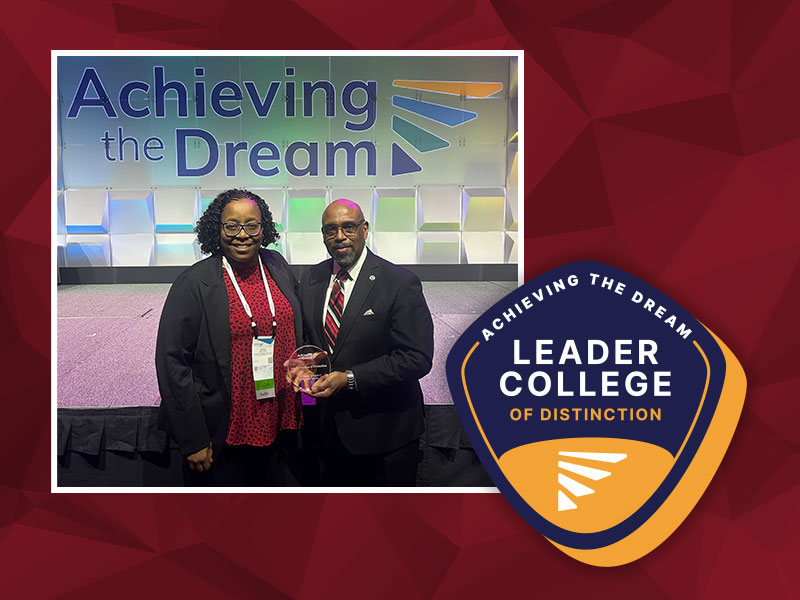 CCAC President, Quintin Bullock and CCAC Vice President of Enrollment Services, Dorothy Collins during the March 4 ATD awards luncheon and ceremony. CCAC's badge designating the college as a Leader College of Distinction.