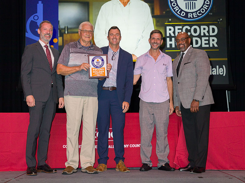 Professor Maxin received his award from the Guinness World Records during CCAC All College Day. Pictured from left to right: Dr. Stephen Wells, CCAC Provost & Chief Academic Officer; CCAC Biology Professor, Francis Maxin; Stephen Tavoni, CCAC Associate Professor of Biology; Robert (Bobby) Ficco, CCAC Associate Professor of Biology & Department Chair and Dr. Quintin Bullock, CCAC President.